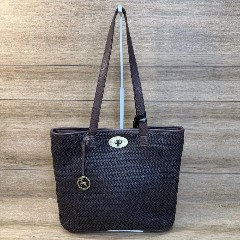 Ashwood Woven Leather Shoulder Bag Tote Chocolate Brown Gold Turnlock Boho Purse